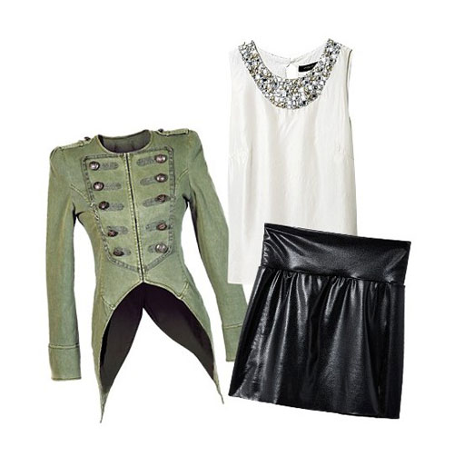 拿破仑硬朗外套：ME&CITY，镶钻白色长款上衣：Marina Rinaldi, 街头风皮质黑色亮面超短裙：American Apparel ￥329
